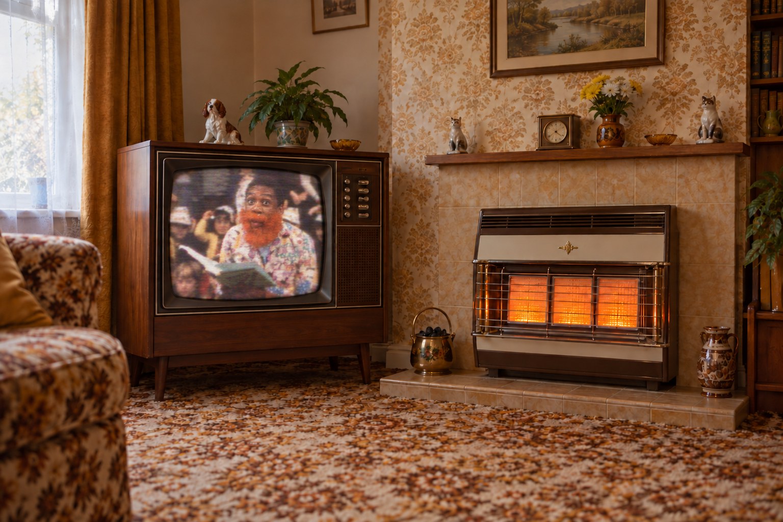wooden-cabinet telly, three-bar gas fire and plenty of brown-and-gold ’70s décor.
