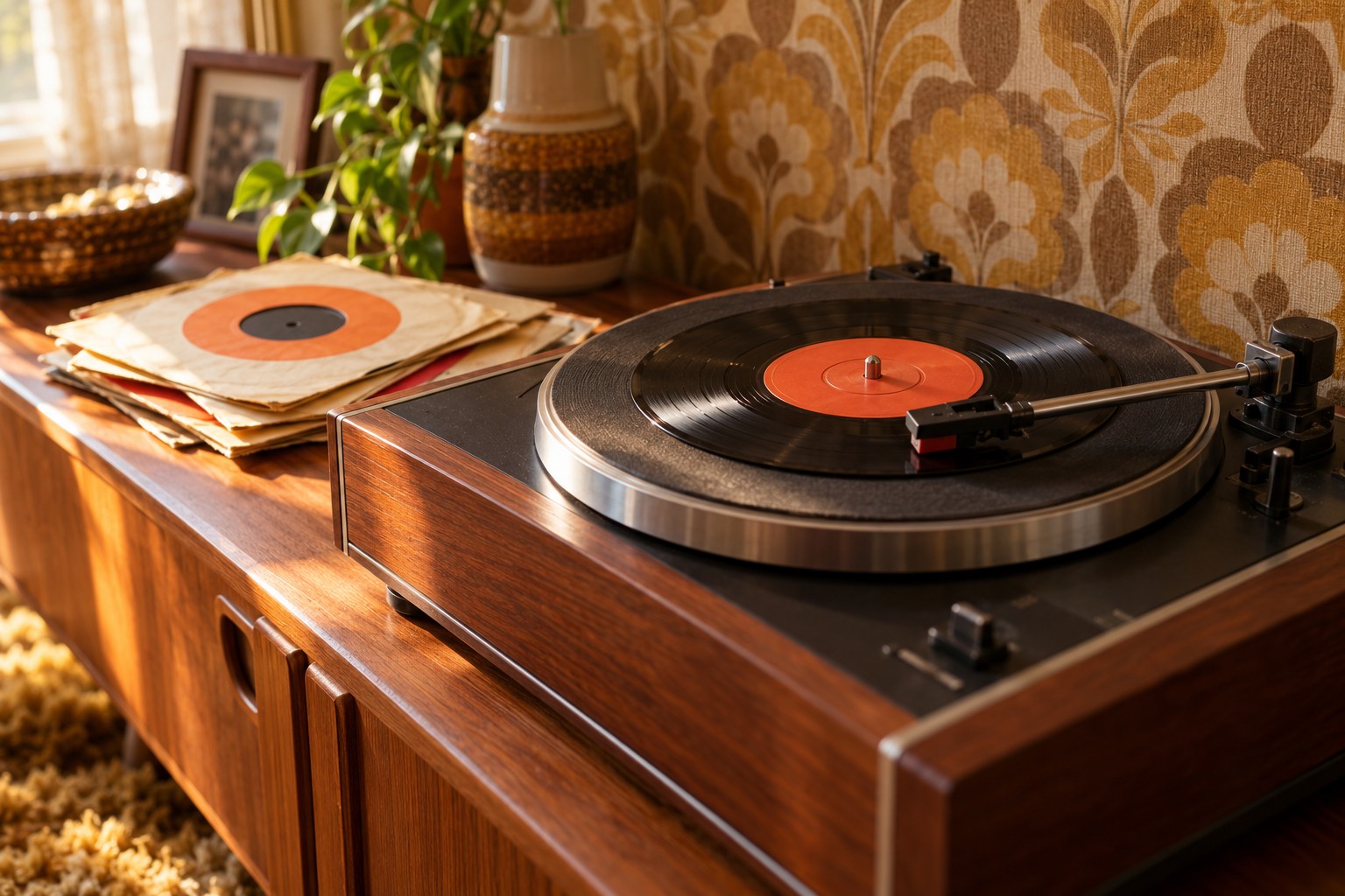 A vintage wooden record player playing a vinyl single, with paper record sleeves beside it in a sunlit retro living room.